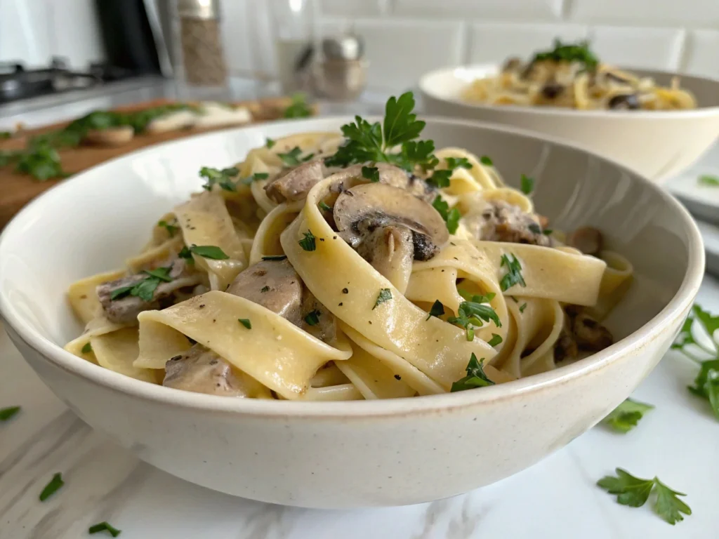 Bowl of creamy mushroom pappardelle with parsley.