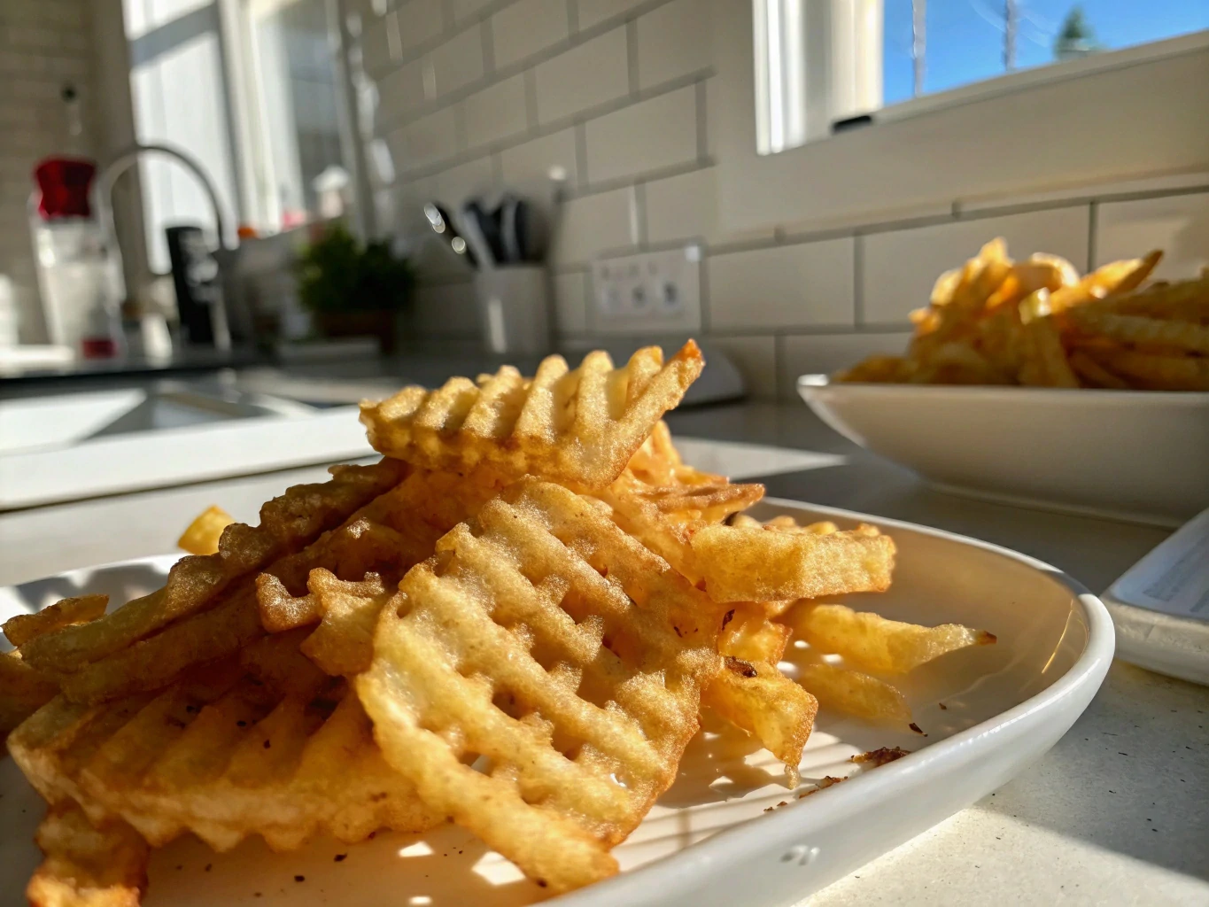 generate-a-realistic-photo-from-the-upper---of-a-w Freshly made waffle fries, ready to enjoy