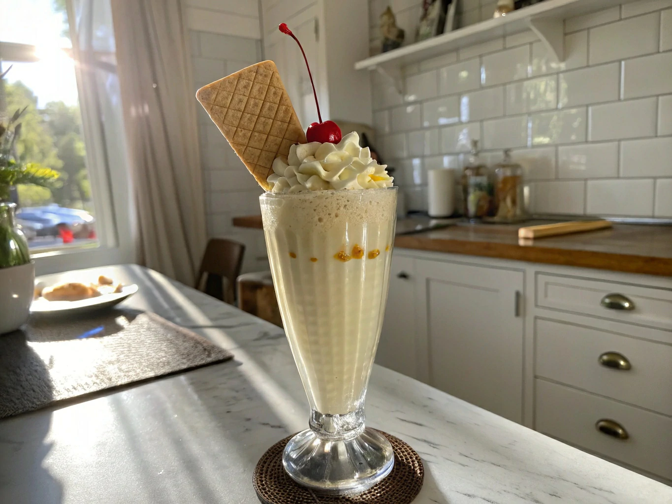 generate-a-realistic-photo-to-from-the-upper---of- Creamy banana pudding milkshake with whipped cream and cherr