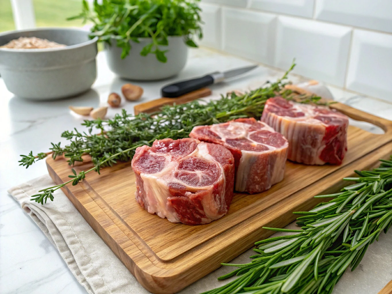 generate-a-realistic-photo-took-from-the-up---of-a Fresh oxtail pieces on a cutting board with herbs.