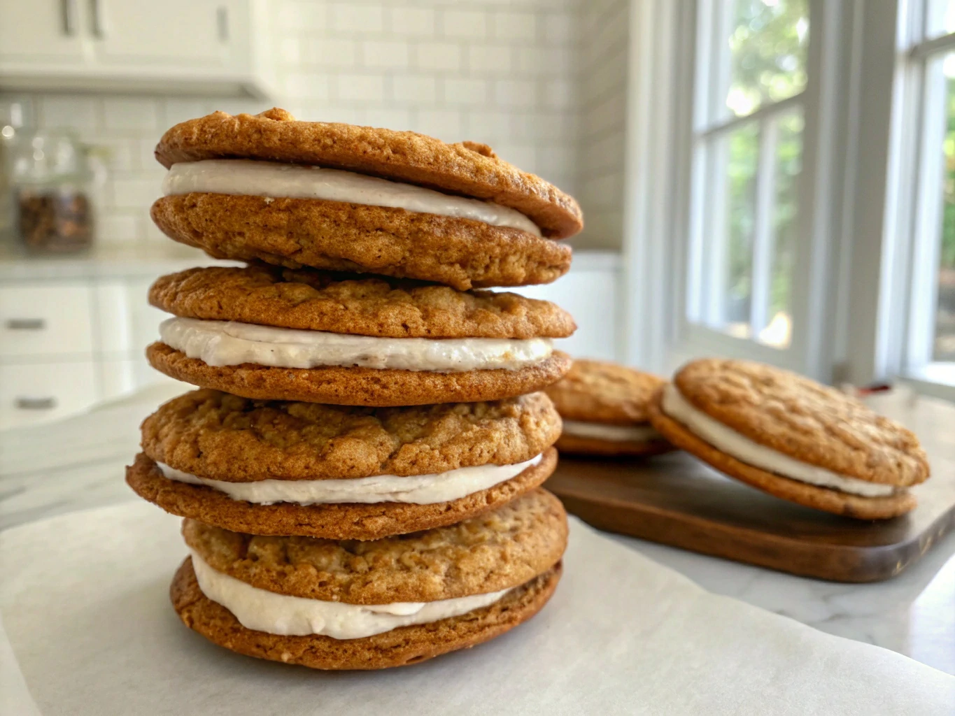 generate-a-realistic-photo-to-from-from-the-upper- Homemade oatmeal creme pies with creamy filling