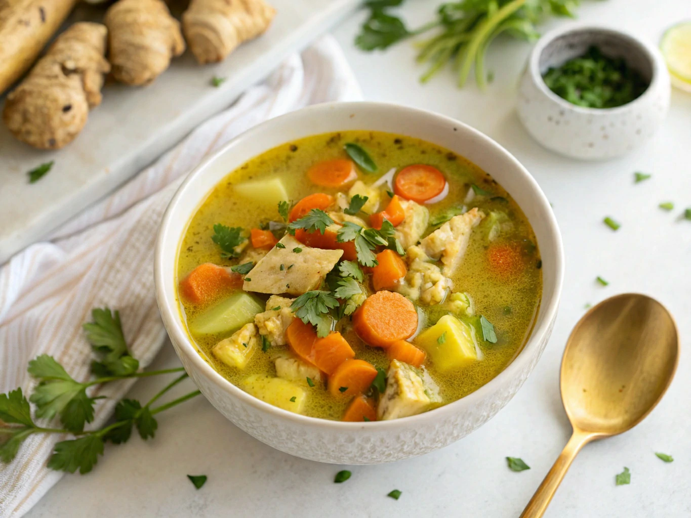 generate-a-realistic-photo-to-from-the-upper---of- Turmeric Ginger Chicken Soup
